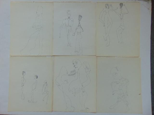 6 pen & ink drawings, Louise Abrams, Outsider Art: 6 pen & ink drawings, Louise Abrams, Outsider Art Collection, ink on paper, 13.75" by 11" from the collection of the artist. This lot is part of a large collection of sculpture and paintings from a ne