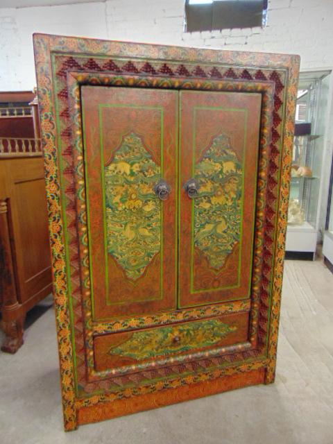 Tibetan paint decorated cabinet, double door over (1 of 9)