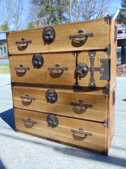 Japanese clothing chest, 2 part unit, Meiji era: Japanese clothing chest, 2 part unit, Meiji era, Paulownia wood, chest is 45.5" by 17.5", height is 48".Note updated listing, description was listed incorrectly