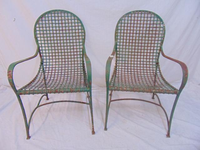 Pair iron chairs in old green paint, metal seat, back, (1 of 5)