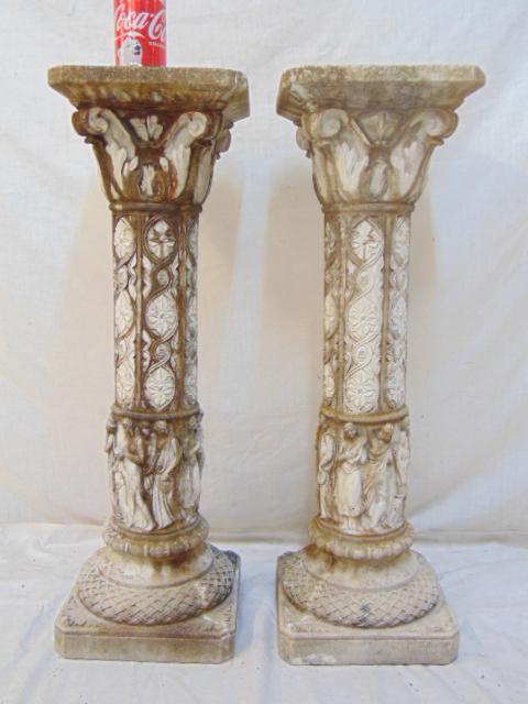 Pair decorative cement pedestals, columns, decorated (1 of 6)