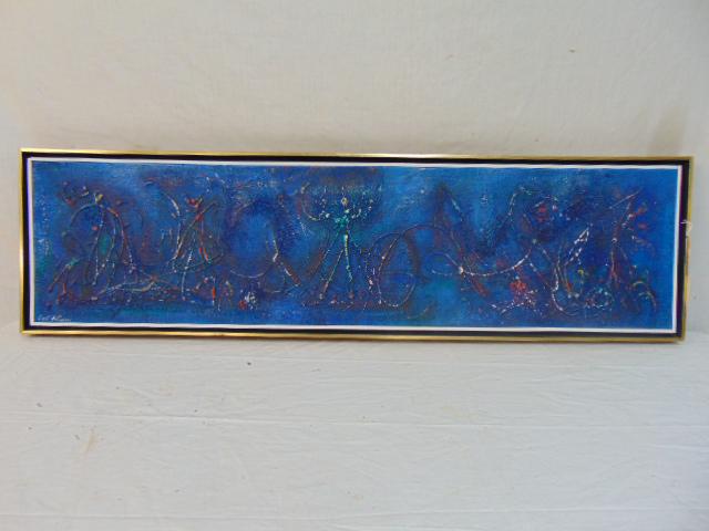 Painting, "Cosmic Blue", Leo Raiken, oil and acrylic on: Painting, "Cosmic Blue", Leo Raiken, oil and acrylic on canvas, Vera Lazuk Gallery Label, Cold Spring Harbor, Long Island, 10" by 40"