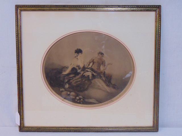 Louis Icart etching, woman with horned figure, Pan (1 of 7)