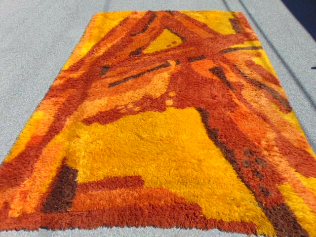 Mid Century Danish shag rug, in brown, beige, yellow,: Mid Century Danish shag rug, in brown, beige, yellow, "Broadway Farve 90", Ege Rya Gallery, Acrylic Fibre by Monsanto, carpet is 8'2" by 11'6"