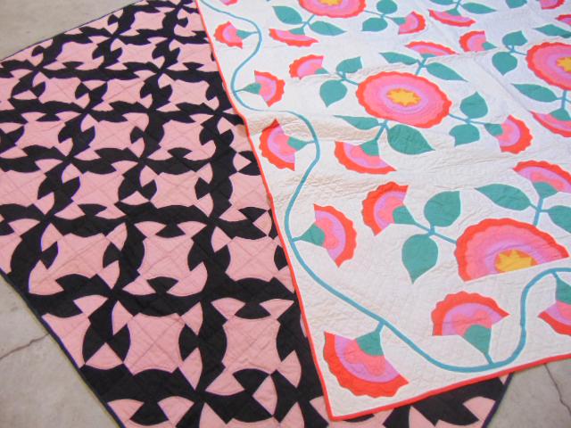 2 antique Nantucket quilts, pink & black and floral (1 of 8)
