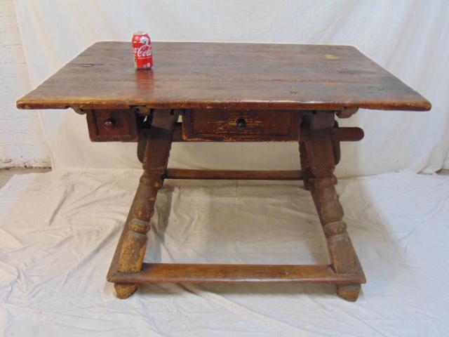 18th Century stretcher base table with 2 drawers, top (1 of 9)