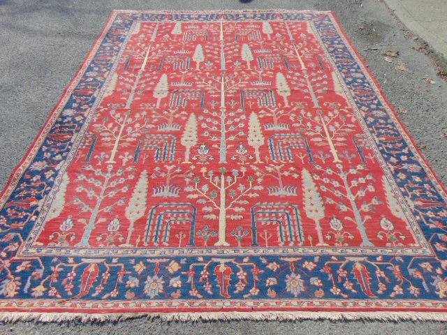 Persian carpet, in red with blue border, low pile, flat (1 of 6)