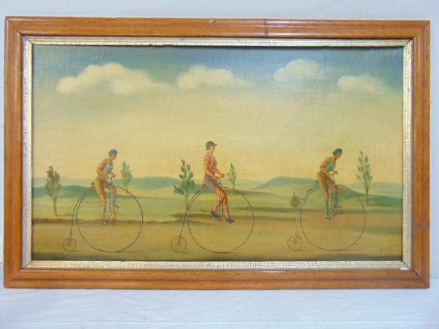Painting, Antique bicycle race, signed "S.T.", oil on (1 of 6)