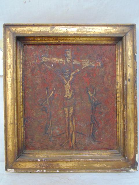 Painting, Crucifixion, E. Hanson, oil on masonite, in: Painting, Crucifixion, E. Hanson, oil on masonite, in gilt frame, board is 11.5" by 10"
