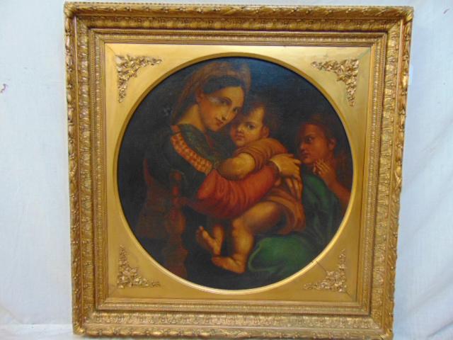 Painting, "Madonna della Seggiola, Sedia" oil on: Painting, "Madonna della Seggiola, Sedia" oil on canvas, early copy of Raphael, in gilt frame, oil on canvas, 30" by 30" (measured from behind, stretcher size), painting in restored, relined condition
