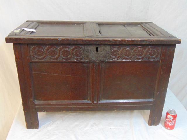 Antique English oak chest, box, raised panel top & (1 of 6)