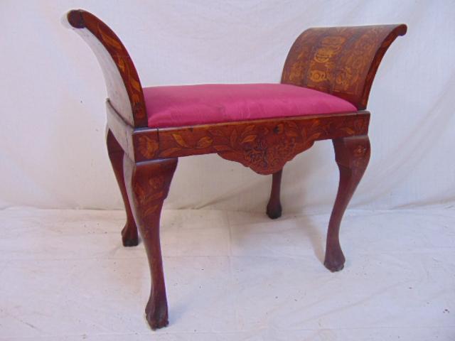 Dutch marquetry inlaid piano stool, inlaid sides, legs,: Dutch marquetry inlaid piano stool, inlaid sides, legs, red upholstered seat, 29" by 14", height is 25.75"