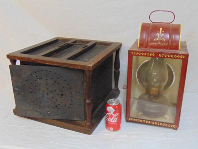 Tole paint decorated lantern & pierced tin foot warmer (1 of 5)