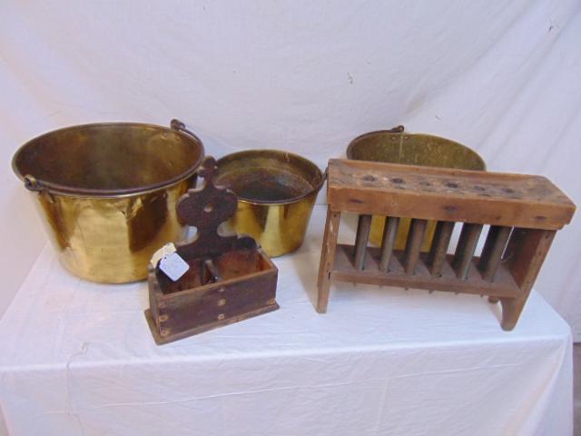 Country lot, candle mold, 3 brass pails, wall box, (1 of 6)