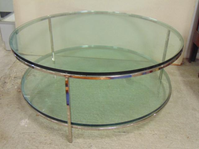 Large round chrome & glass coffee table, two tiers, (1 of 5)