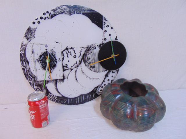 Wall clock & art pottery vase, plastic quartz driven: Wall clock & art pottery vase, plastic quartz driven wall clock signed Freeger & art pottery bowl, signed Hemming or Fleming (?)