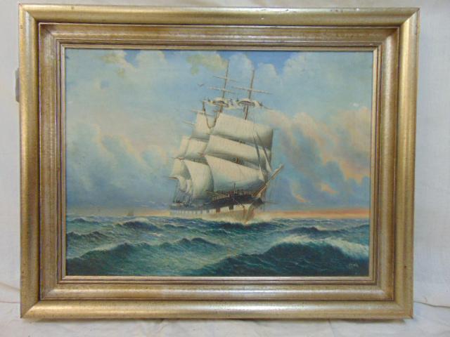 Painting, sail ship at sea, signed "D.M.", oil on (1 of 6)