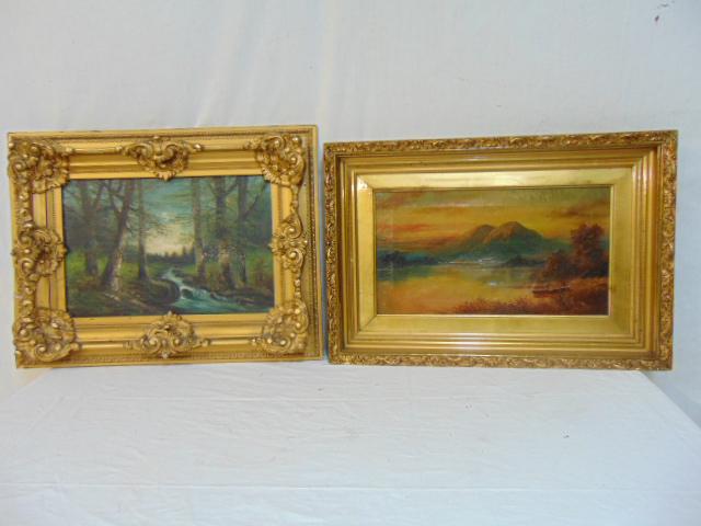 2 paintings, mountain landscape at twilight & stream in (1 of 8)