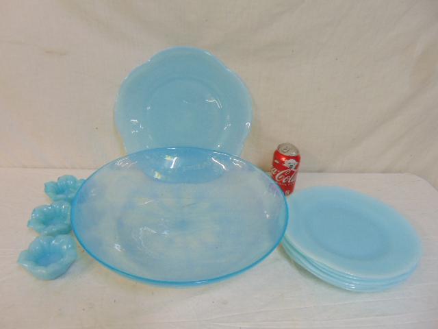 Large blue art glass loot bowl, translucent blue with (1 of 5)