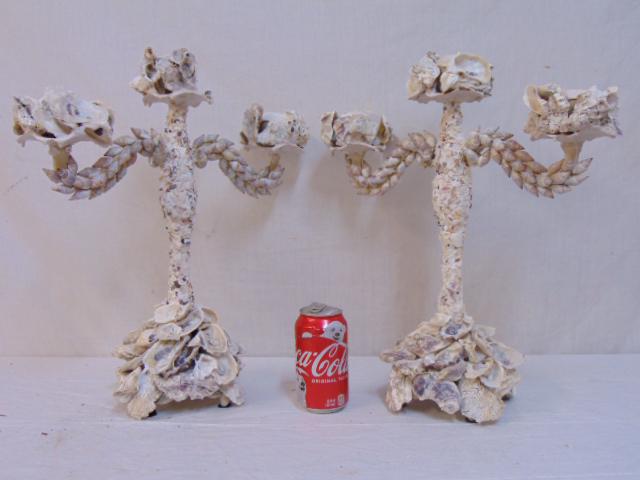 Pair shell decorated candelabra, 3 arm candle holders (1 of 6)
