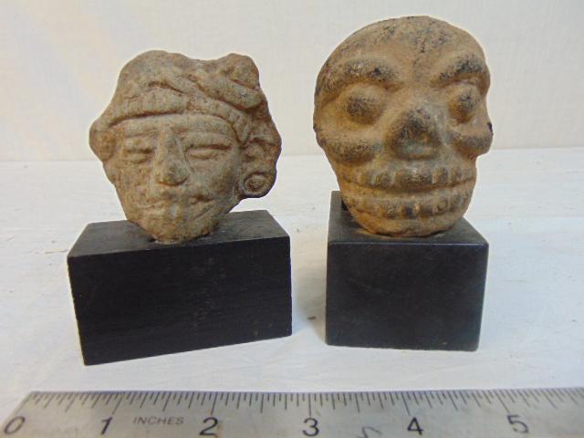 2 pre-Columbian heads, skull, on wood bases, 3.75" & (1 of 3)
