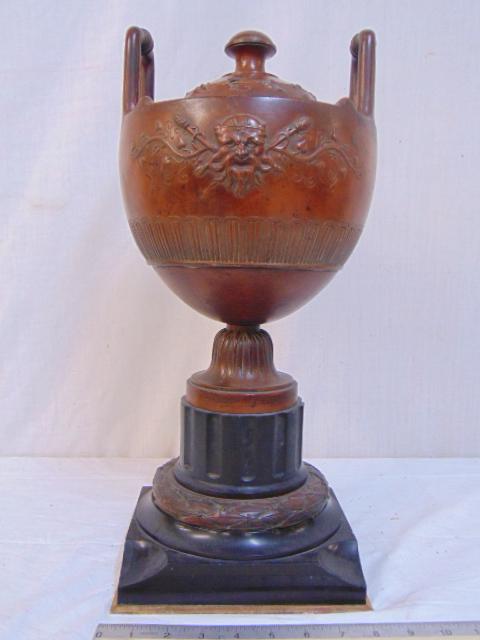 Large bronze urn on carved slate base, light brown (1 of 9)