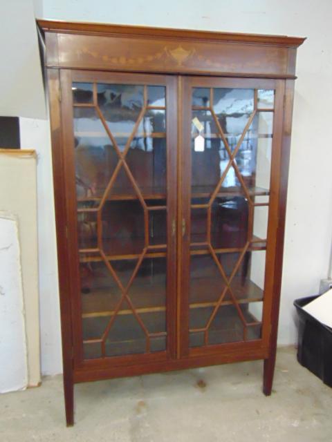 Inlaid mahogany 2 door bookcase, with shelves, cabinet (1 of 5)