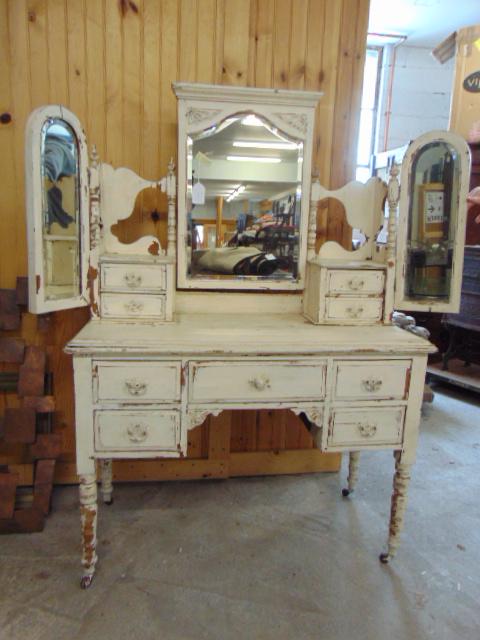 White painted vanity with triple folding mirror, in (1 of 5)