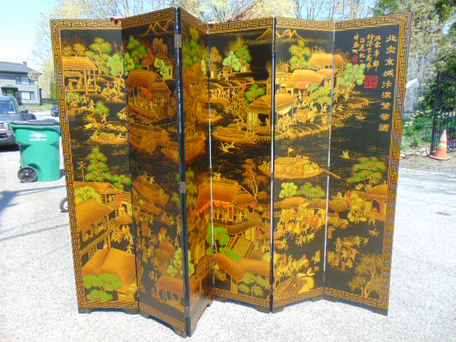 6 panel Japanese paint decorated screen, various scenes (1 of 9)