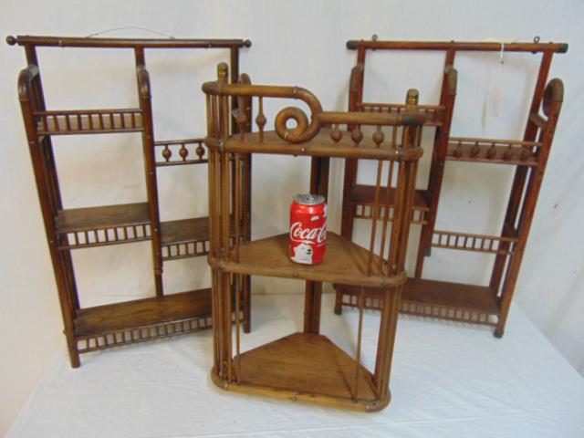 3 small oak stick & ball shelves, 2 multi tiered & one (1 of 6)