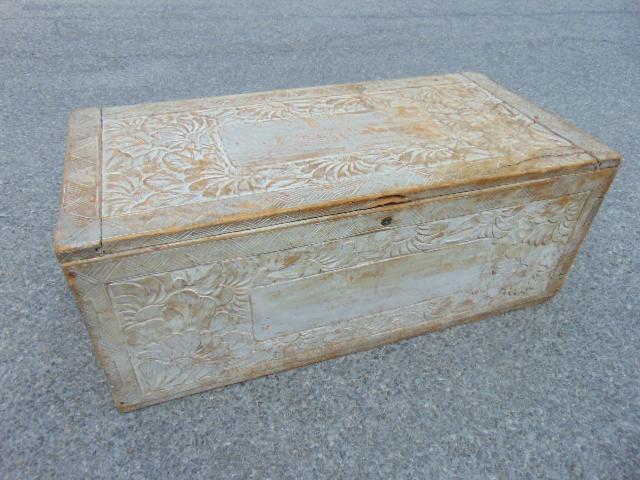 Trunk with floral carved decoration, faded white paint, (1 of 6)