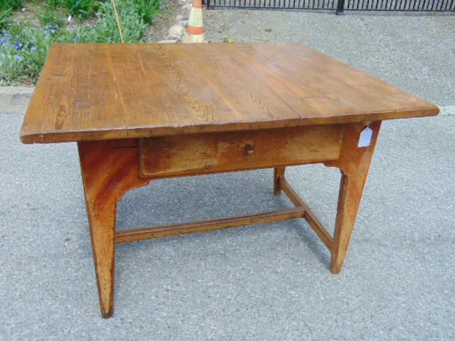 Pine stretcher base farm table with single drawer, (1 of 5)