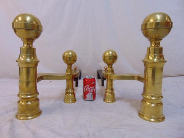 Pair large brass & iron andirons, polished brass, (1 of 6)