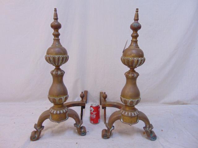 Pair brass andirons, with finials, andirons are 26.5" (1 of 4)
