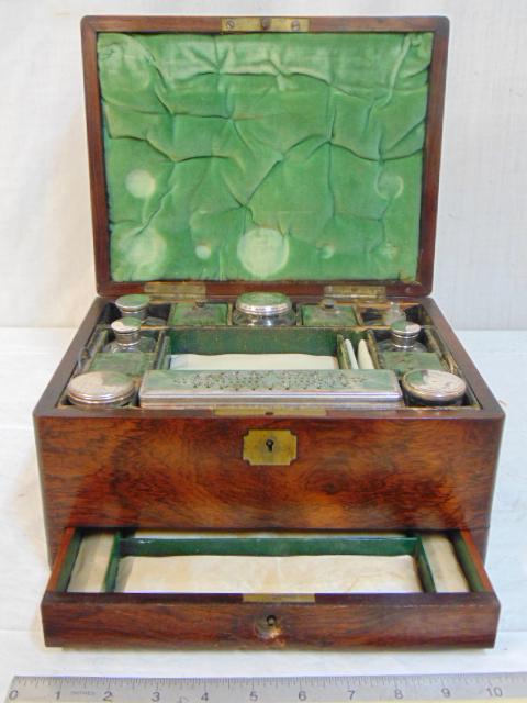 Burl wood vanity box with various glass jars, (1 of 4)