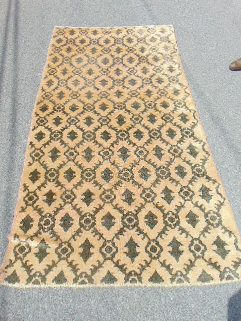 Hand knotted Turkish wool rug, blue design on ivory (1 of 5)