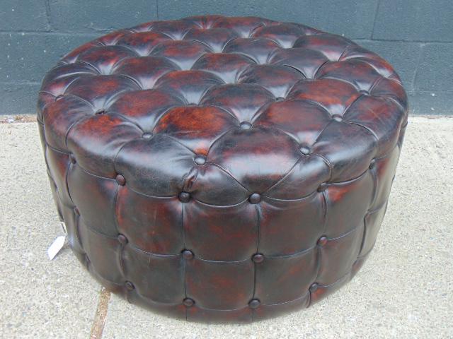Round tufted leather ottoman, in red brown leather, (1 of 4)
