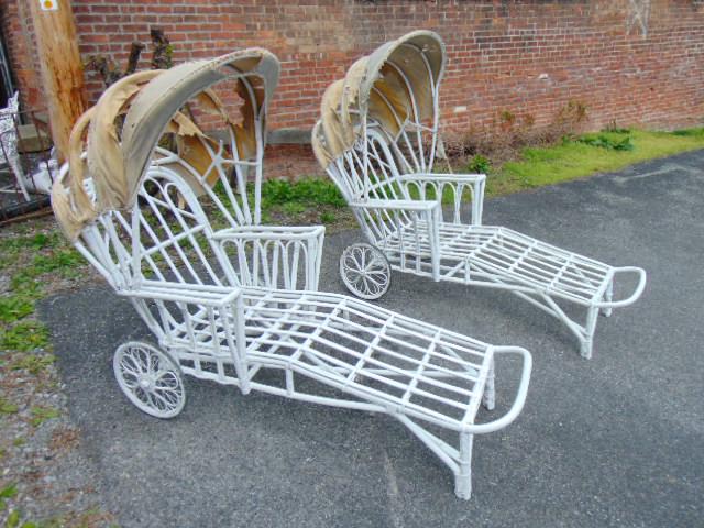 Pair rattan chaise lounges with fold out canopies, (1 of 8)