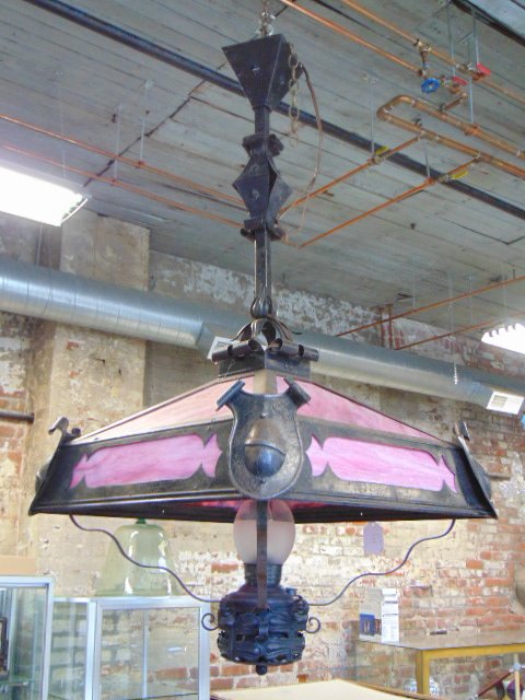 Large iron & slag glass hanging fixture, arts & crafts, (1 of 5)