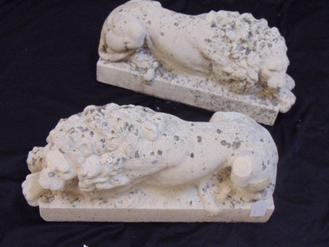 Pair cast stone lions, weathered appearance (1 of 7)