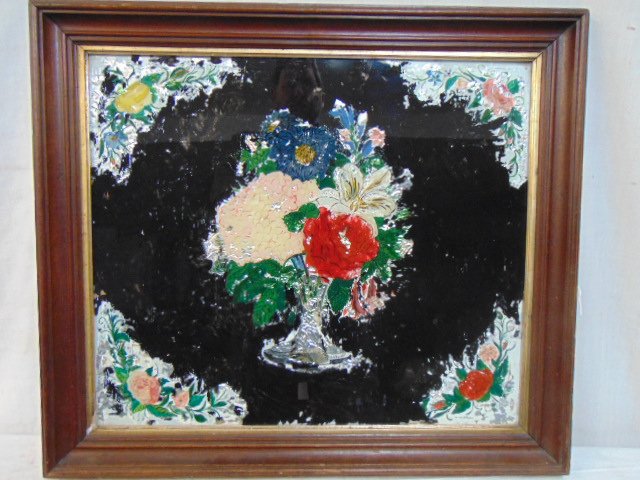 Victorian floral foil picture in walnut frame, eglomise: Victorian floral foil picture in walnut frame, eglomise, front is 17" by 20"