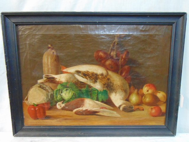 Painting, still-life game, fruit & vegetables, unsigned: Painting, still-life game, fruit & vegetables, unsigned, painted on canvas, canvas is 20" by 28"