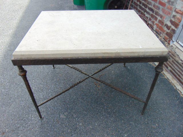 Stone top iron base table, stretcher base wrought iron, (1 of 4)