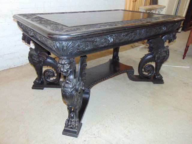 Horner quality oak desk, carved griffin base, ebonized (1 of 13)