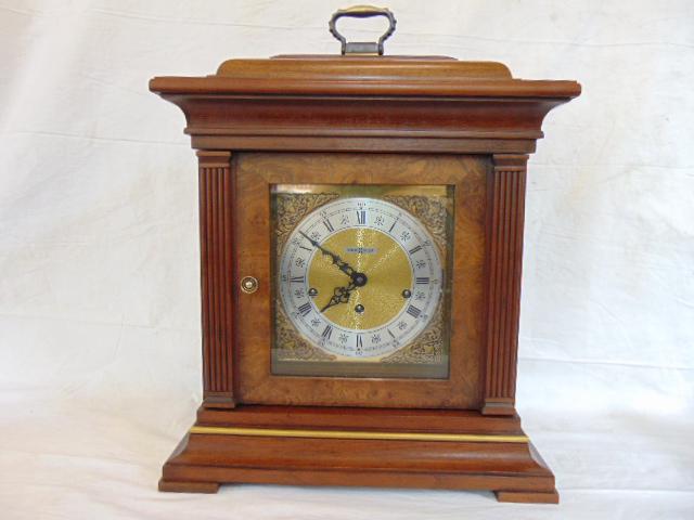 Howard Miller Bracket clock, burl wood detail, brass (1 of 6)
