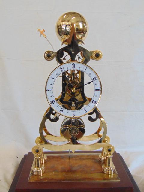 Brass Skeleton fusee clock. Glass enclosure, porcelain (1 of 9)