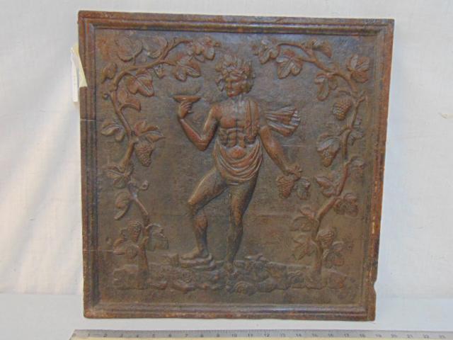 Iron plaque, figure with grapes, surrounded by vines,: Iron plaque, figure with grapes, surrounded by vines, fireback (?)