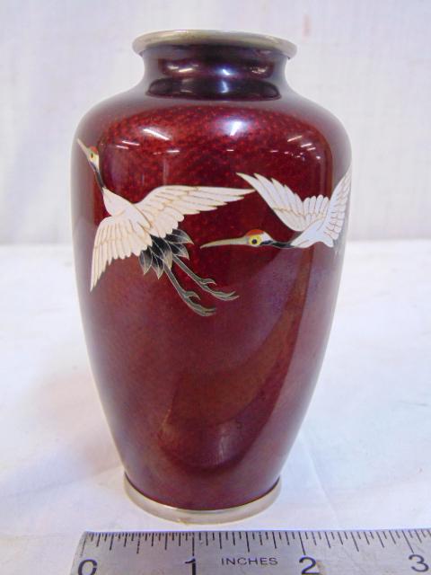 Small cloisonne vase, red enamel over silver, decorated (1 of 6)