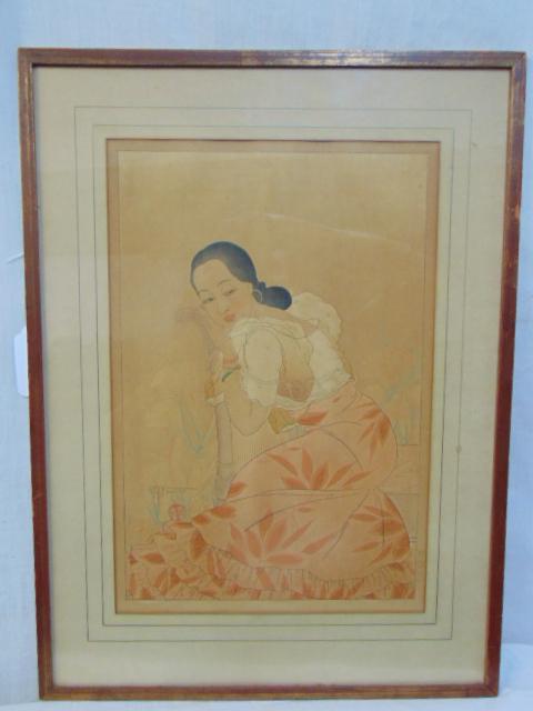 Woodblock, Paul Jacoulet, lady posing on chair , 1934, (1 of 6)