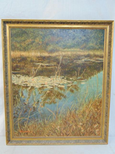 Painting, G.S. Vander Poel, Lily Pad Pondscape, Signed. (1 of 8)